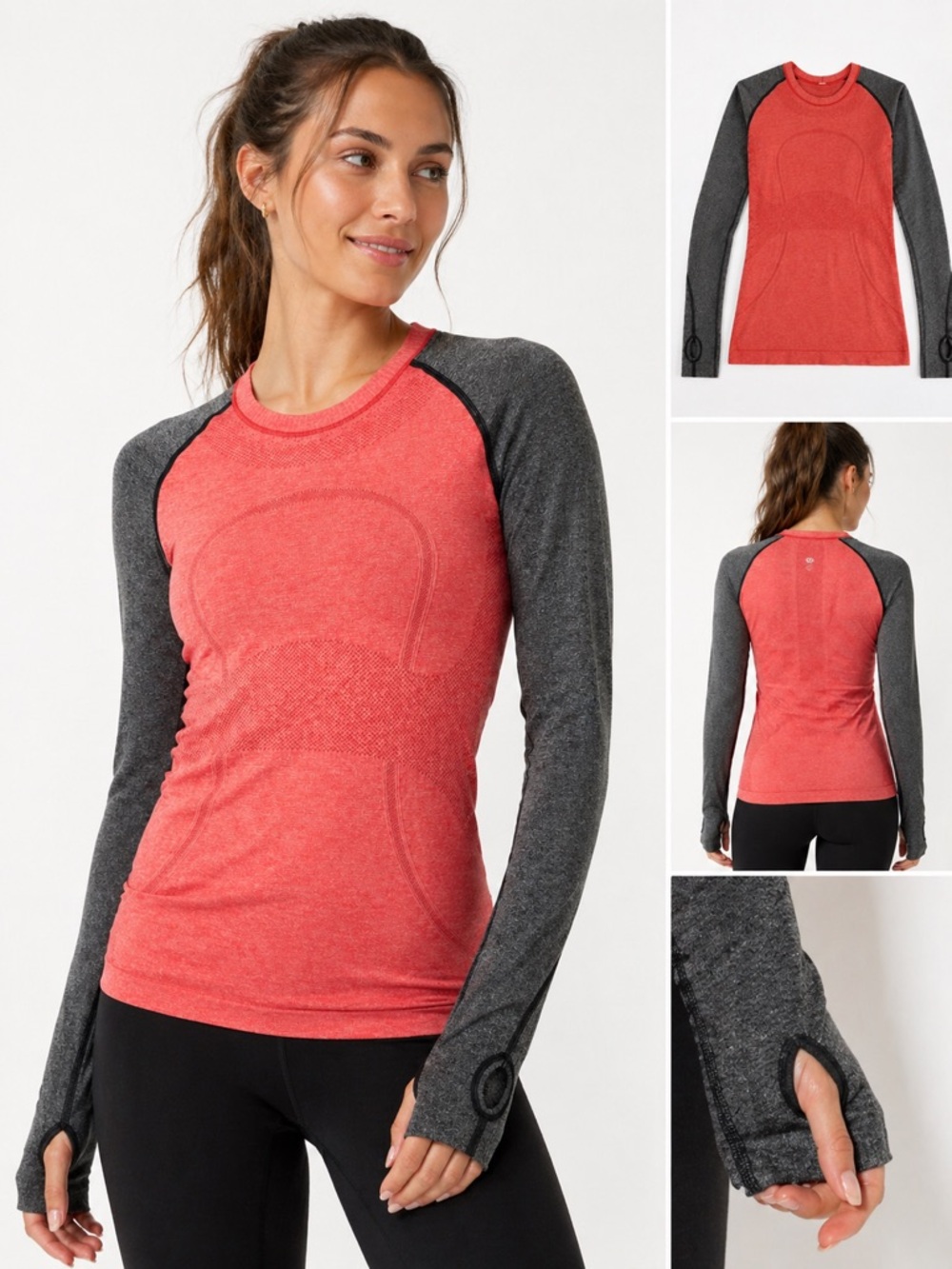lululemon athletica Women’s Long Sleeve Seamless Crew - Coral/Charcoal